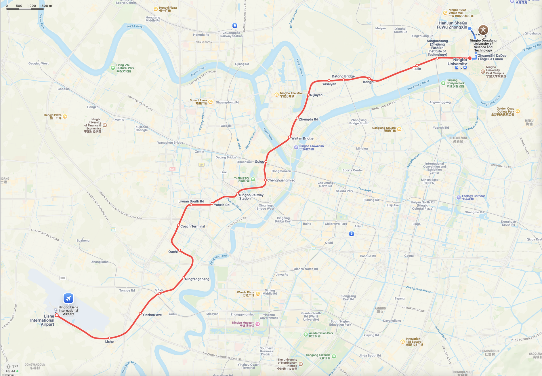 Map of subway route from Ningbo Lishe Airport to EIT/IDT campus