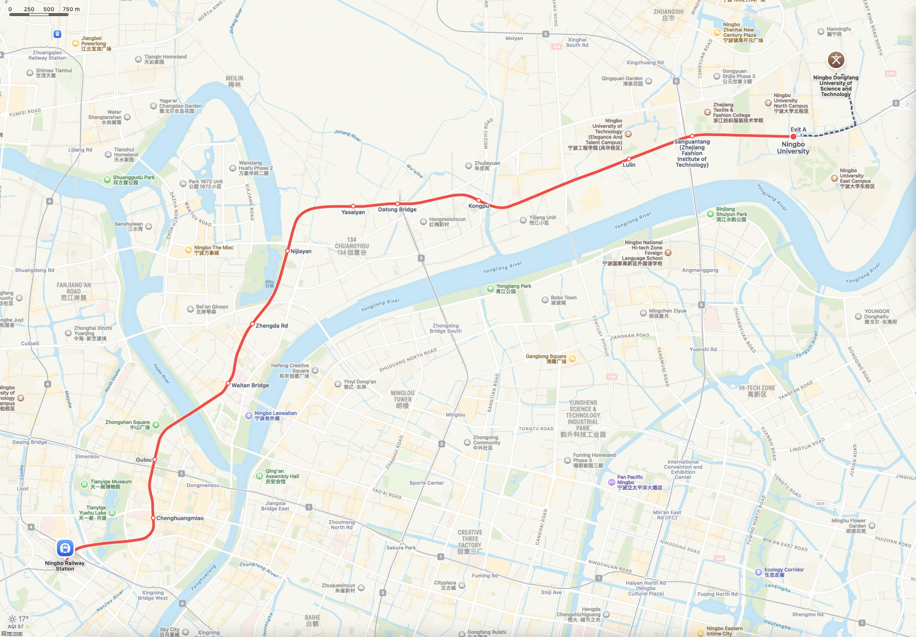 Map of subway route from Ningbo Train Station to EIT/IDT campus